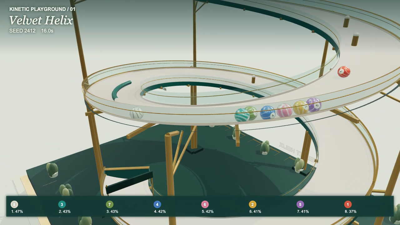 螺旋コースを走る8色のマーブル