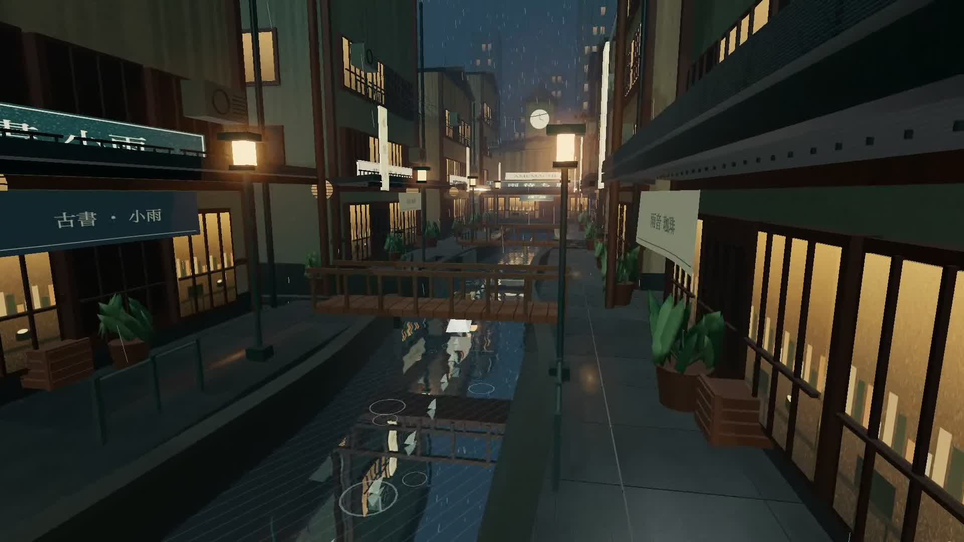 雨の街と水路の風景